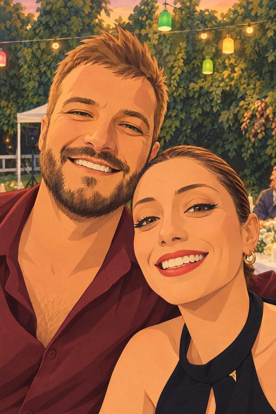 Akşam bahçe davetinde yanak yanağa gülümseyen Elif ve Talha (çizim)